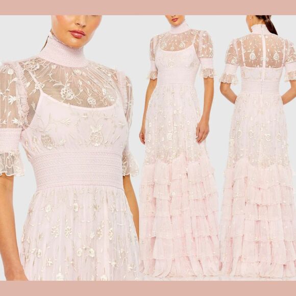 NEW MAC‎ DUGGAL [ 6 ] 8005 Embroidered Floral Tiered Smock Neck Gown Rose Pink - Picture 1 of 16